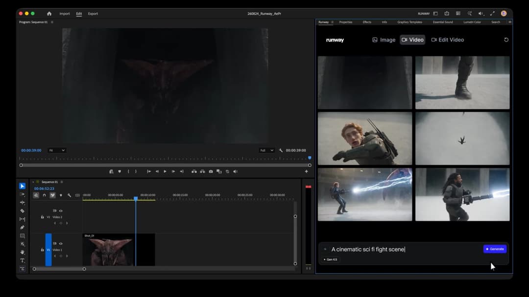 The image shows a video editing software interface, likely Adobe Premiere, with a timeline and timeline view. The timeline displays a sequence of video clips, including a close-up of a creature with large ears, a scene with a figure in a dark suit, and a scene with a figure in a dark suit wielding a weapon. The timelin