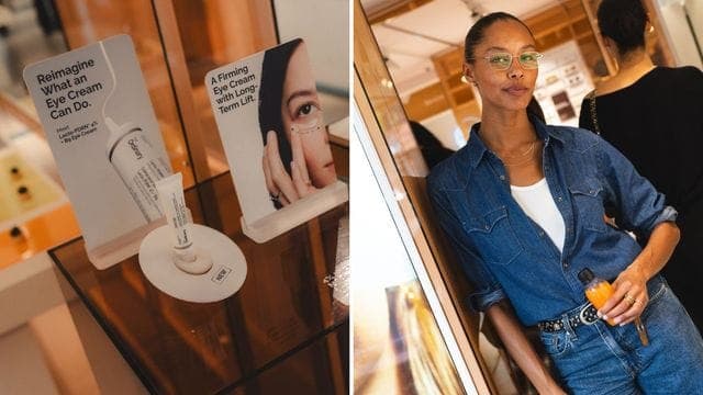 The image is a diptych, showing two distinct scenes. On the left, a woman is standing in front of a display showcasing two tubes of The Ordinary's eye cream. The display is a glass shelf with a dark brown or black frame, and it features a white sign with black text that reads "Imagine what an eye cream can do." The wom