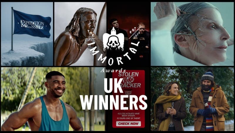 A six-panel collage titled "UK WINNERS" with The Immortal Awards logo, featuring the Expedition Impossible flag, a bronze statue, a woman in a close-up, a smiling man in a teal tank top, a "Stolen KitKat Tracker" ad reading "Check now", and a couple in winter coats.