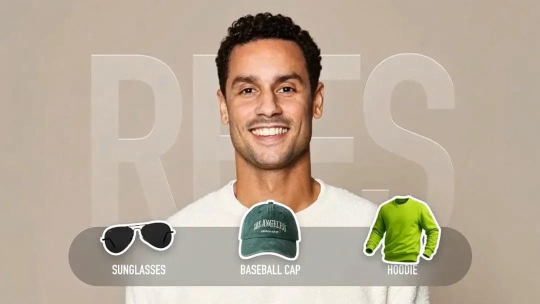 The image shows a man with dark brown or black hair and a light complexion, smiling at the camera. He is wearing a white t-shirt and has a neutral expression. The background is a light beige or tan color. The image is divided into three sections, each featuring a different item of clothing: sunglasses, a baseball cap,