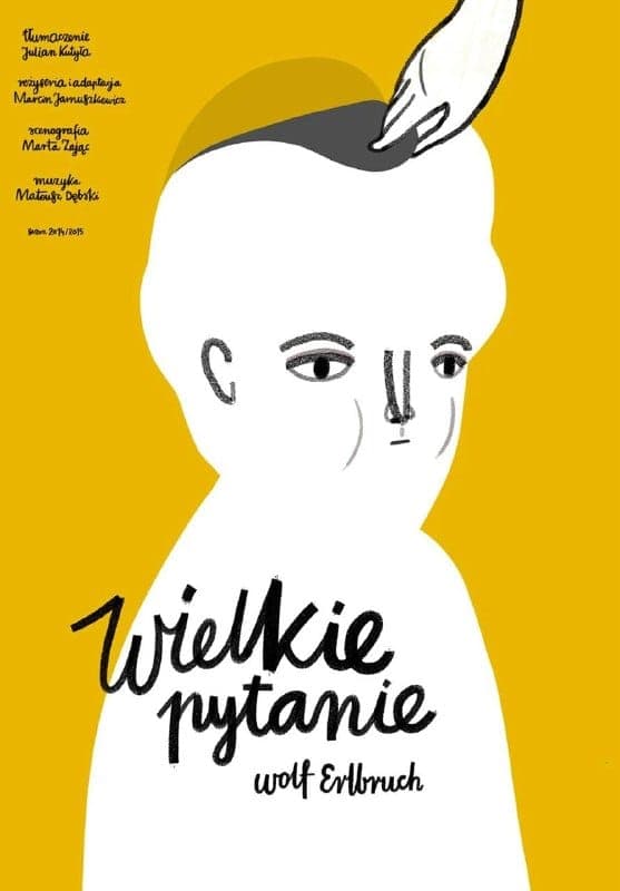 The image is a vibrant poster for the film "Wielkie pytanie" (Wolf Erbrüch). The poster features a striking illustration of a baby's head and shoulders against a bright yellow background. The baby's face is white, with simple black lines for the eyes and nose. The baby's head is tilted slightly to the left, and a hand