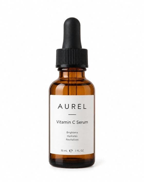 An amber glass dropper bottle of "AUREL Vitamin C Serum" (30 mL / 1 FL OZ) with a black dropper cap, on a white background. The label reads "Brightens, Hydrates, Revitalizes."