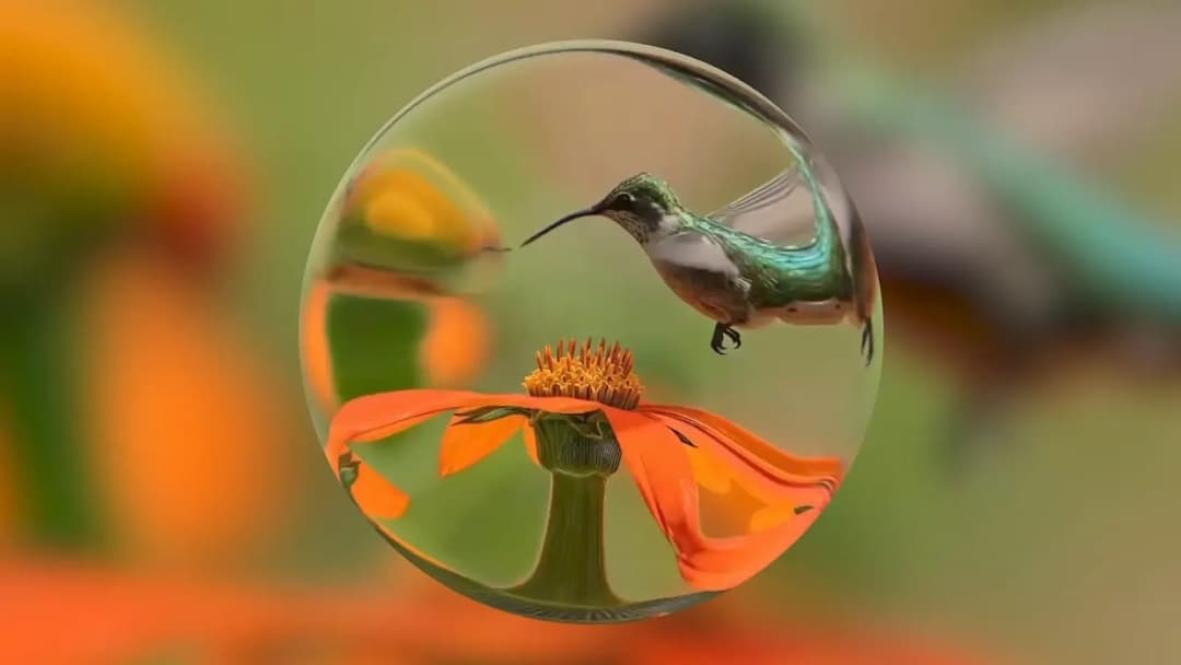 A hummingbird hovers beside an orange flower inside a transparent glass sphere, with blurred orange and green foliage in the background. No visible text or brand.