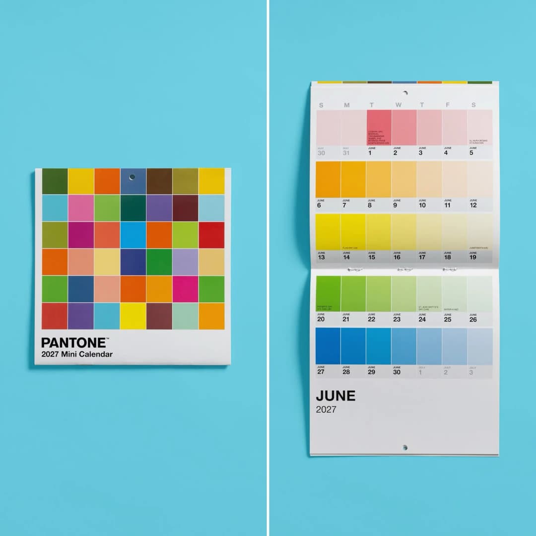 The image presents a vibrant and colorful Pantone Mini Calendar for the year 2027. The calendar is divided into two sections, with the left section showcasing a grid of small squares in various colors, including shades of blue, green, yellow, orange, pink, and purple. The right section displays a grid of small squares