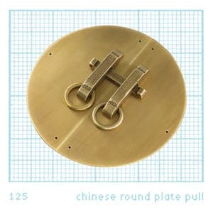 The image shows a round Chinese plate pull, a type of Chinese round plate pull. The pull is made of brass and features two rings, one on each side, that are connected by a hinge. The pull is set against a blue grid background, which is likely a technical drawing or diagram. The text "125 chinese round plate pull" is vi