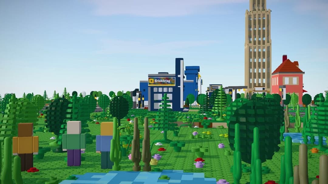 The image presents a vibrant 3D rendering of a cityscape, constructed entirely from Lego bricks. The cityscape features a variety of buildings, including a tall, slender tower with a light brown/beige exterior and a red roof, a blue building with a yellow sign that reads "Brickbrag", and a red brick building with a red