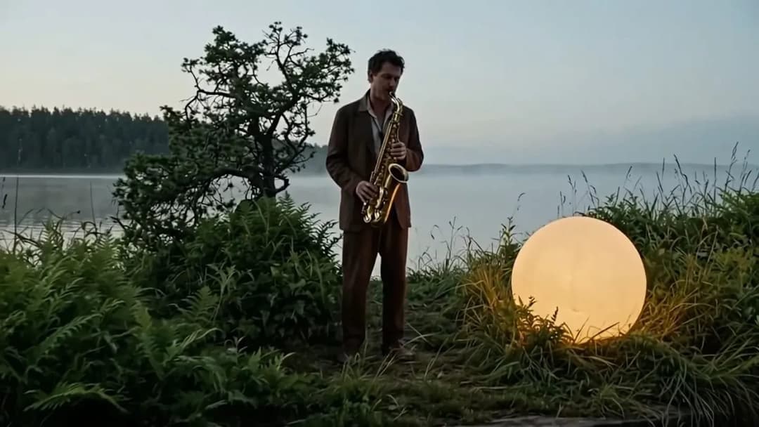 A man in a brown suit plays a saxophone beside a glowing spherical lamp in tall grass on a misty lakeshore at dawn or dusk, with a forest across the water. No text is visible.