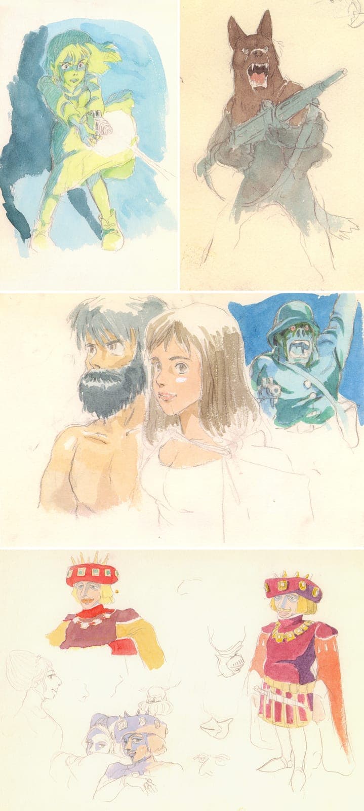 The image is a vibrant collage of six distinct sketches, each featuring a unique character. The top left sketch depicts a girl with blonde hair and a green dress, holding a gun. The top right sketch shows a brown wolf-like creature holding a gun. The bottom left sketch shows a man with a beard and a red and gold crown.