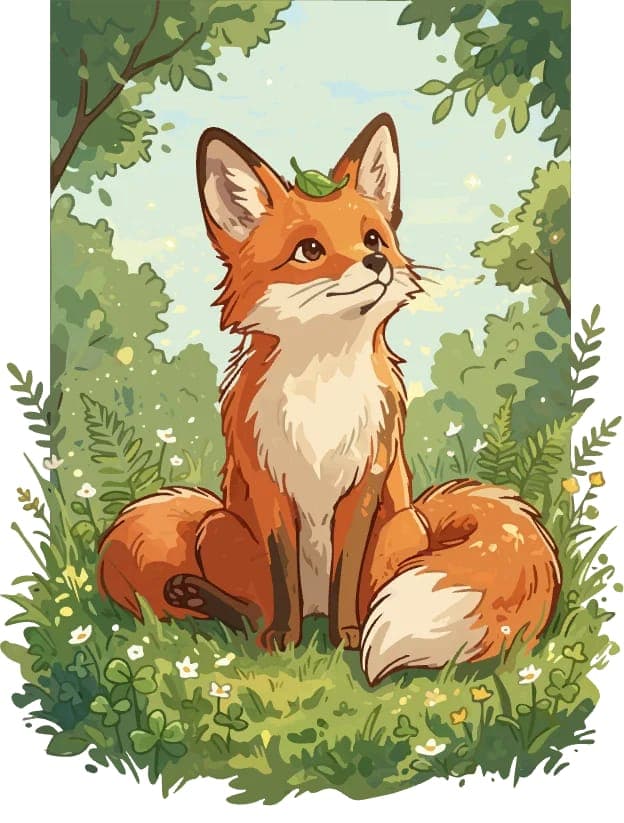 A red fox sits in a verdant forest, its tail curled around its body. The fox's head is tilted upwards, and a green leaf rests on its head. The fox is surrounded by lush green trees and bushes, with a light blue sky visible through the foliage. The fox's fur is predominantly red, with a white chest and a white tip on it