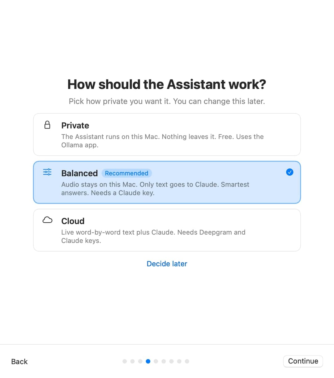 The image presents a pop-up window with a soothing blue background. The window is divided into three sections, each with a distinct color and text. The top section displays the text "How should Copilot work?" and invites the user to choose between "Private", "Balanced", and "Cloud" options. The middle section, colored