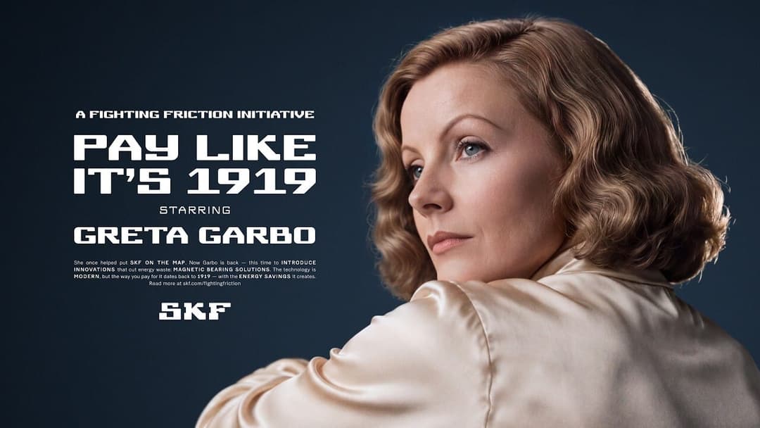 The image is a promotional poster for the film "Pay Like It's 1919", starring Greta Garbo. The poster features a woman with blonde hair, wearing a cream-colored, possibly satin, blouse, against a dark blue background. The text on the poster reads "A FIGHTING FRICTION INITIATIVE", "PAY LIKE IT'S 1919", "STARRING", "GRET