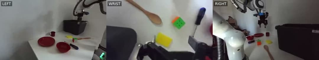 The image is a triptych, showing three different views of a white table. The leftmost image shows a black object, possibly a small appliance or device, with a red bowl and a yellow sponge on the table. The middle image shows a wooden spoon and a green and orange cube-shaped object, possibly a Rubik's cube, on the table