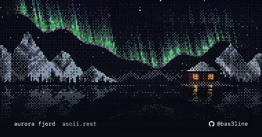 The image presents a digital illustration of a serene night scene. The background is a dark blue/black canvas, punctuated by a multitude of small white dots that form a pixelated pattern. The sky is awash with hues of green and purple, with a faint, almost imperceptible, line of white dots that could be interpreted as
