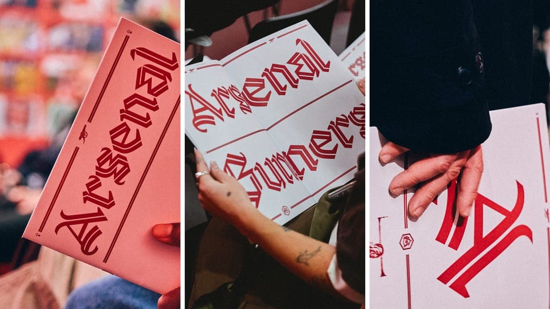 The image is a triptych, with the leftmost panel showing a pink folder with the word "Arsenal" written in red cursive. The middle panel shows a person holding a book titled "Arsenal Sunners" with red lettering on a white background. The rightmost panel shows a person's hand holding a white sign with red lettering that