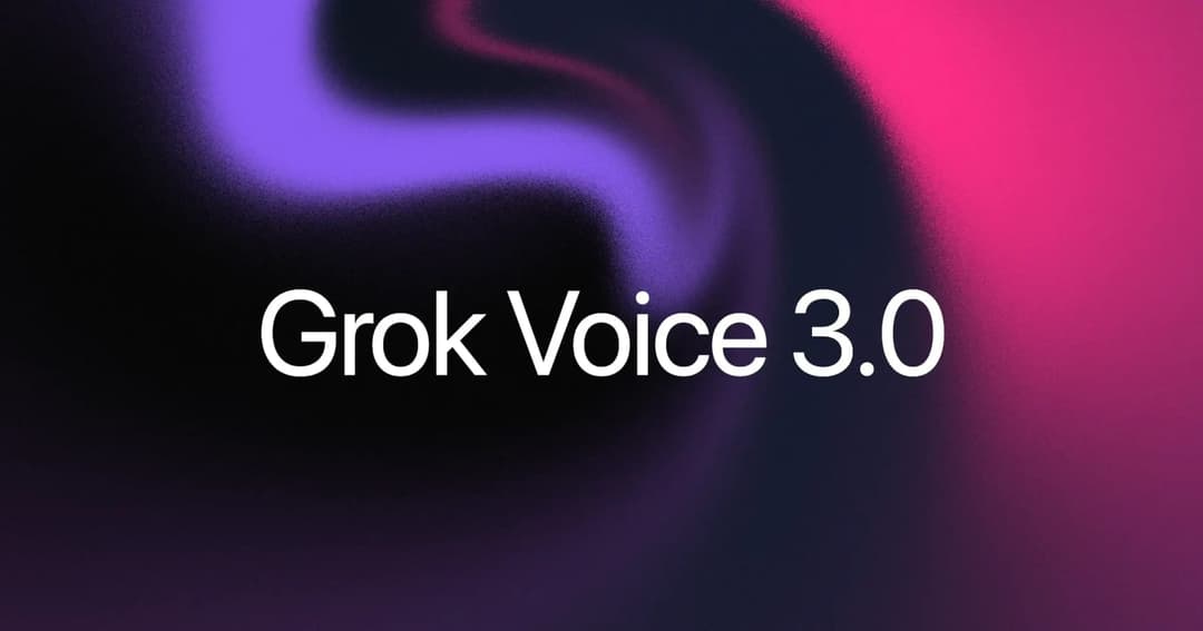 The image presents a vibrant abstract design with a gradient background that transitions from black to pink. The design features a stylized text that reads "Grok Voice 3.0" in white, centrally positioned. The text is slightly tilted to the right. The design is composed of curved lines and shapes in shades of purple and