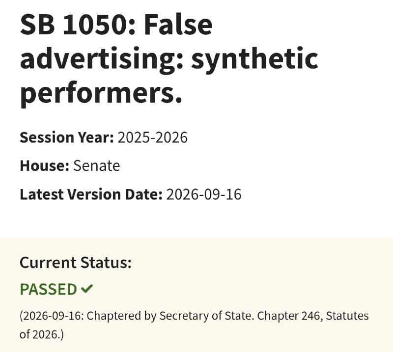 The image presents a screenshot of a webpage, likely from a website related to SB 1050, a bill related to false advertising. The webpage is titled "SB 1050: False advertising: synthetic performers." The main content area displays "SB 1050: False advertising: synthetic performers." Below this, the session year is indica