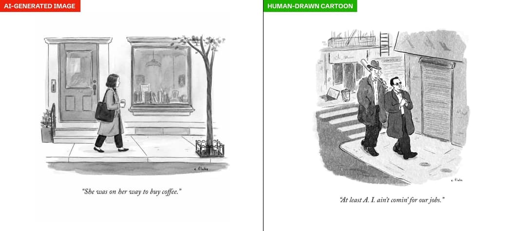 The image presents two distinct cartoon panels, each with a unique title and style. The left panel is titled "AI-GENERATED IMAGE" and depicts a woman walking on a sidewalk, carrying a bag and holding a cup of coffee. The right panel is titled "HUMAN-DRAWN CARTOON" and shows a man and a woman walking on a city street, w