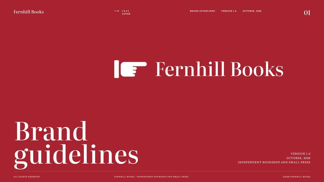 The image showcases the Fernhill Books brand guidelines, presented in a clean and modern design. The guidelines are set against a vibrant red background, with the brand name "Fernhill Books" prominently displayed in white text. A white arrow pointing to the left is positioned above the brand name. The guidelines are or