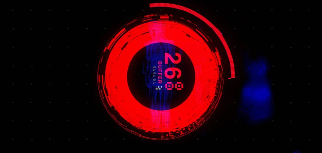 The image presents a digital interface with a predominantly black background. A large, circular element dominates the center, composed of red and blue lines and dots, creating a striking contrast against the black backdrop. The number "26" is prominently displayed in white text within the circle, with the word "BUFFER"
