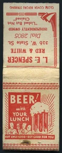The image shows a vintage matchbook cover with a cream or off-white background. The cover features a red and white design with a central illustration of a glass mug filled with frothy beer, accompanied by the text "BEER! with your LUNCH" in bold red letters. The text also includes "not only good but good for you" in sm