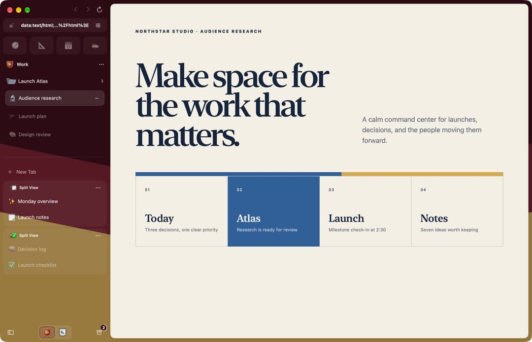The image shows a screenshot of a digital workspace, likely from a mobile device, displaying a project management application. The application is called "NORTHSTAR STUDIO - AUDIENCE RESEARCH" and is open in a window with a light beige background. The main focus is a blue bar on the left side of the screen, which is cur