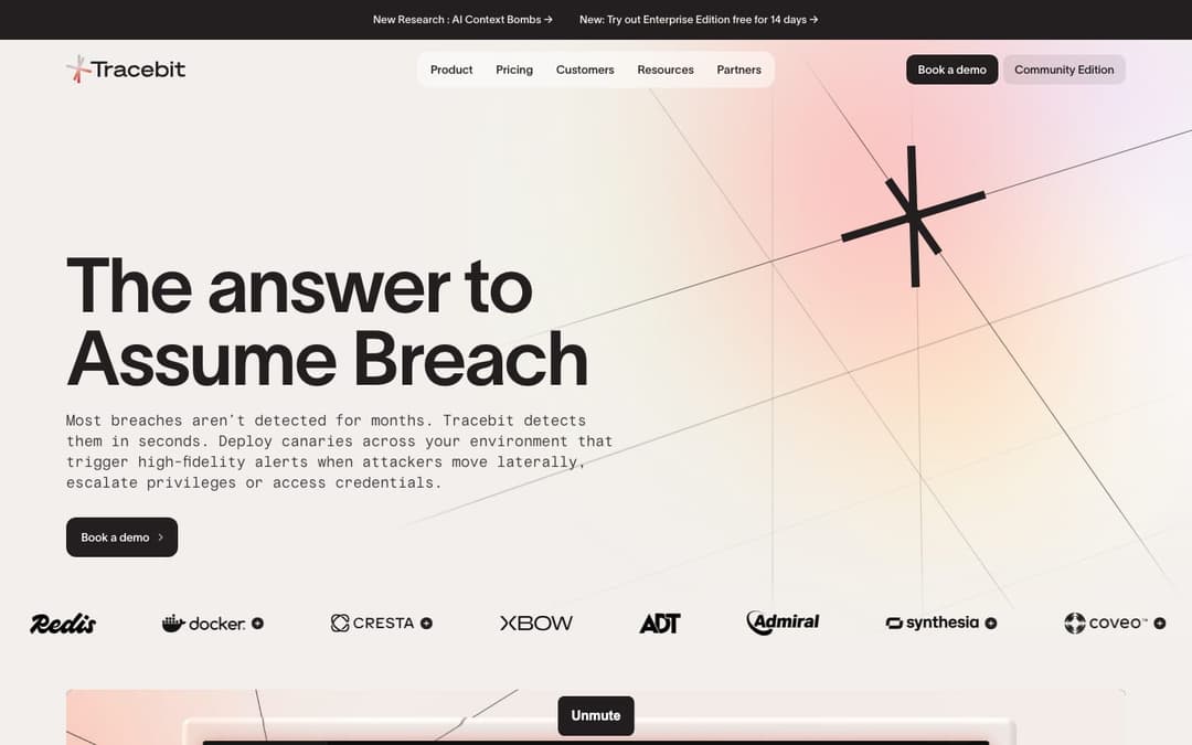 The image showcases the homepage of the Tracibit website. The website's header features a white background with a black border and a black and white logo. The logo is a stylized "Tracibit" with a small, black, four-pointed star. The navigation bar is black and features a white header with a black border. The main conte