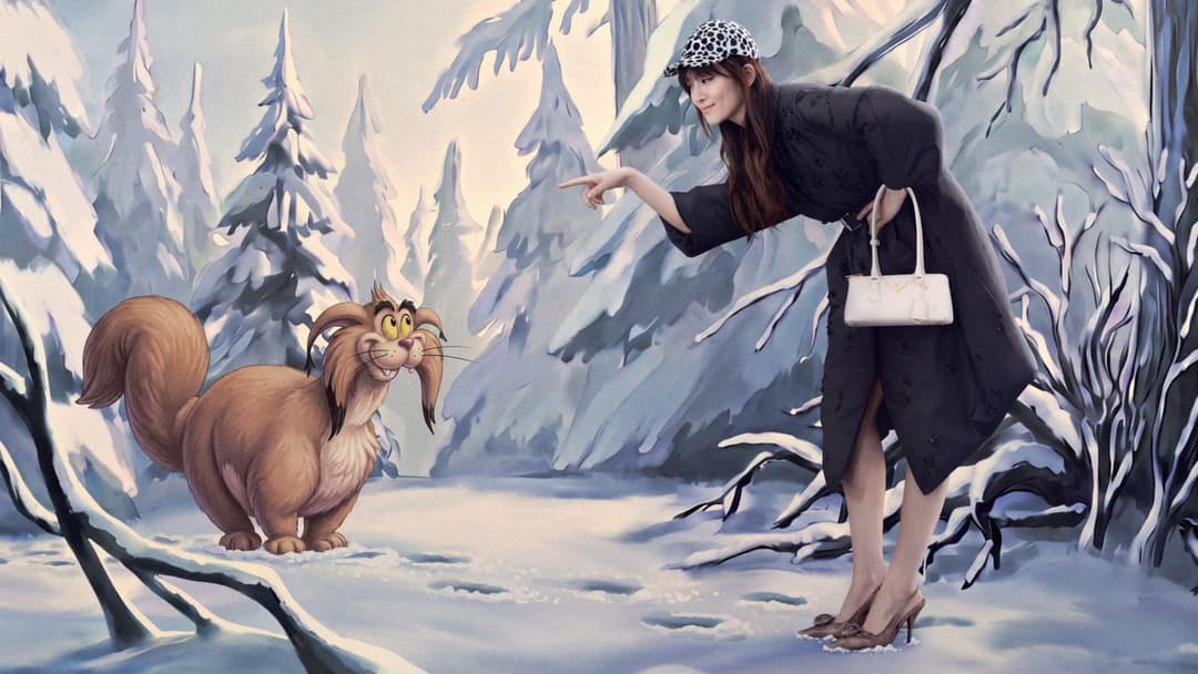 An illustration of a woman in a black coat and a polka-dot cap pointing at a cartoon squirrel-like creature in a snowy forest. She carries a white Prada handbag.