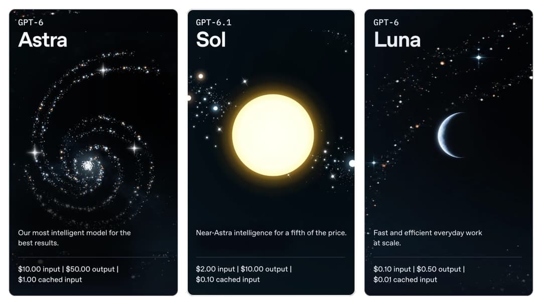 The image presents three celestial bodies against a dark blue backdrop, each labeled with a unique name and a corresponding GPT-6 identifier. The first celestial body is labeled "Astra" and is a spiral galaxy with numerous stars. The second celestial body is labeled "Sol" and is a bright, yellow-white star. The third c