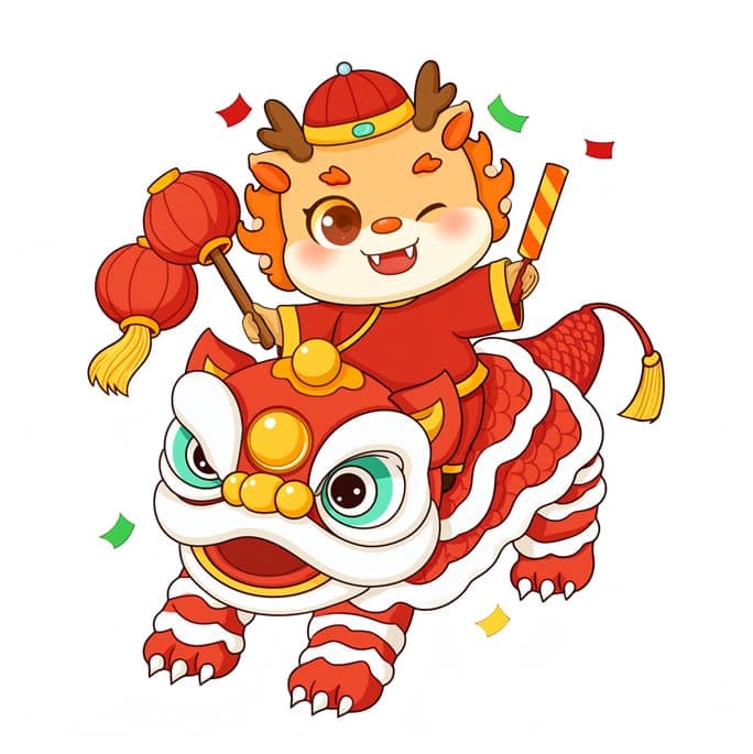 The image depicts a cartoon character, possibly a fox or similar creature, riding a red and white lion, a traditional Chinese symbol. The character is wearing a red hat with a gold trim and a red robe, and is holding a red lantern in one hand and a red and white striped stick in the other. The character has a friendly
