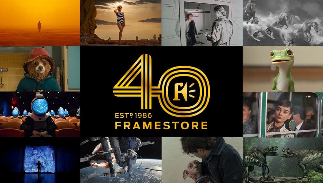 The image is a collage of 12 distinct movie stills, arranged in a 3x4 grid pattern. The central theme is the "40th Anniversary" of the "Framestore" movie store, established in 1986. The store's logo, a gold stylized "40" with a "F" inside, is prominently displayed in the center. The collage includes a variety of scenes
