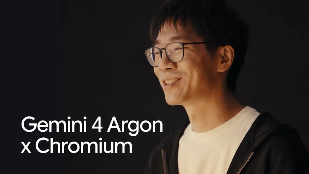 The image shows a young man with dark hair and glasses, wearing a black jacket over a white t-shirt. He is looking off to the side with a slight smile on his face. The background is a dark, possibly black, color. The text "Gemini 4 Argon x Chromium" is written in white at the bottom of the image.