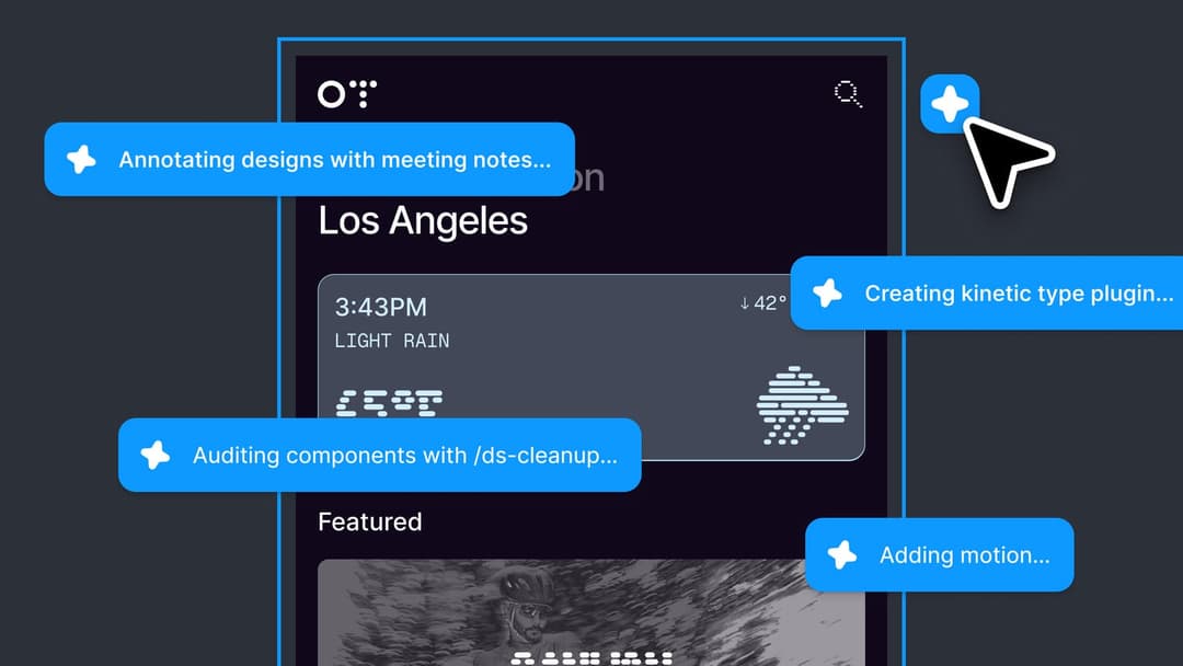 The image shows a screenshot of a mobile app interface, likely a design or editing app, with a dark blue background. The app features a chat bubble with a white star and a black cursor, indicating a user interaction. The chat bubble contains three messages: "Annotating designs with meeting notes...", "Auditing componen