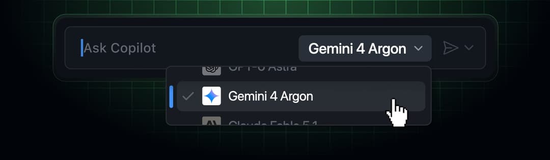 The image shows a dark green background with a grid pattern. At the top, a dark gray or black text box contains the text "Ask Copilot". Below it, a dark gray or black text box contains the text "Gemini 4 Argon". A dark gray or black text box at the bottom contains the text "Gemini 4 Argon". A white cursor is hovering o