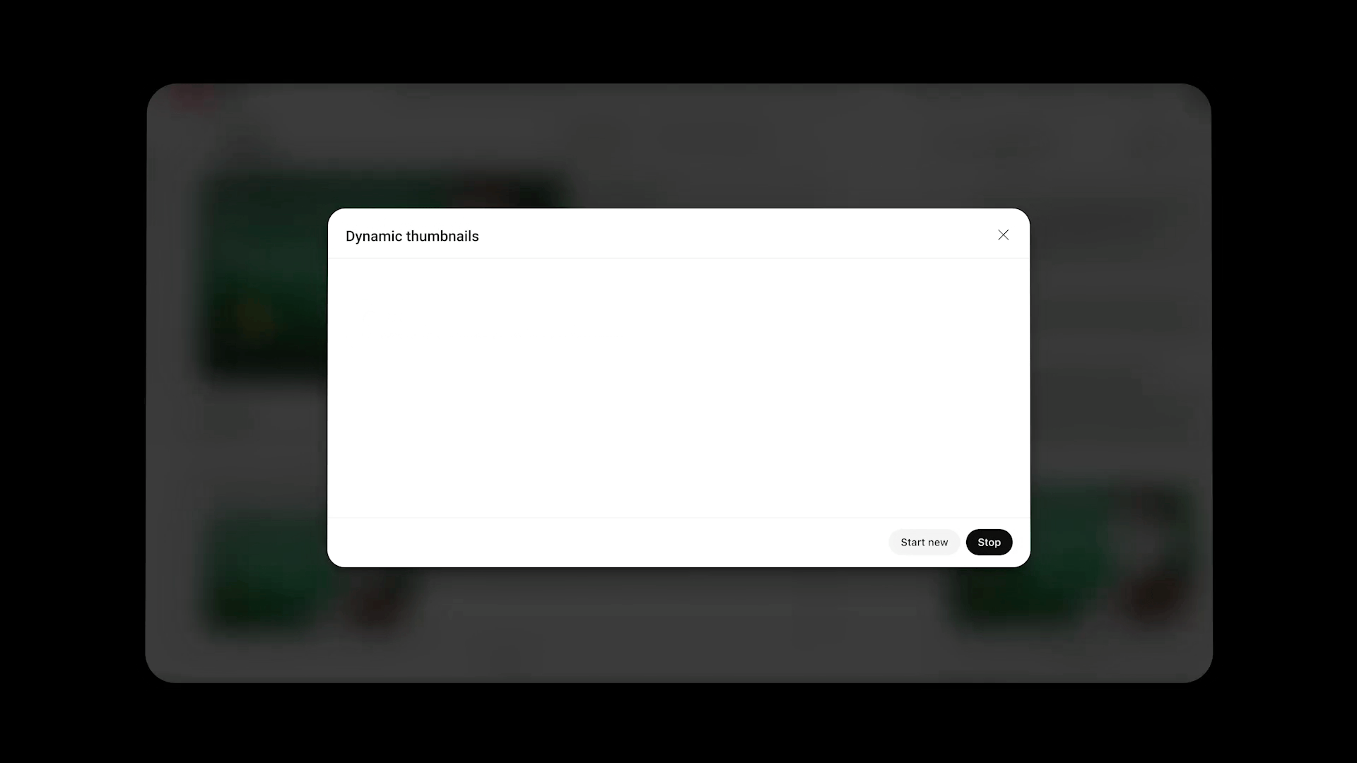 The image shows a webpage with a white background. The text "Dynamic thumbprints" is displayed in black at the top of the page. Below this, there is a blank space, and to the right of it, there is a button that says "Start new". The webpage has a slightly blurred background, which is not entirely black.