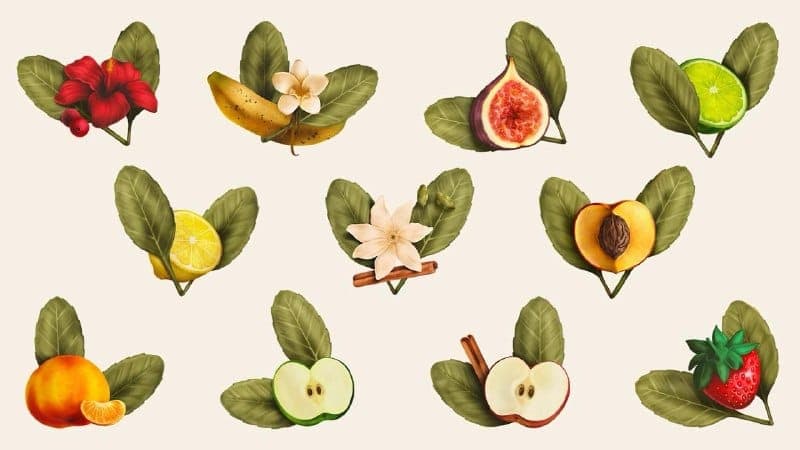 The image presents a vibrant collection of fruits and flowers arranged in a 3x3 grid pattern against a light beige background. The fruits and flowers include a red flower, a banana, a fig, a lemon, an apple, a peach, a strawberry, a lemon, a fig, a lemon, and a strawberry. The fruits and flowers are depicted in a reali