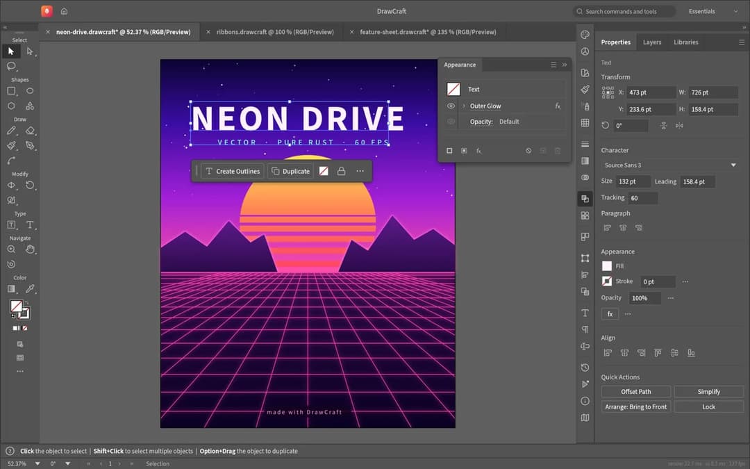 The image shows a digital illustration of a neon drive, created using Adobe Photoshop. The background features a vibrant gradient of purple and pink, with a stylized depiction of a sun and mountains. The neon drive has a black border and a white center, and is rendered in a 3D style with a grid pattern. The title "NEON