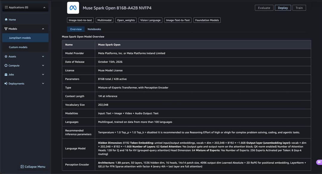 The image shows a screenshot of the Muse Spark Open Model Overview page for the application "Muse Spark Open". The page is part of the Muse Spark Open Model Overview, a collection of custom models. The page is organized into sections, including "Overview", "Notes", "Model Provider", "License", "Parameters", "Type", "Co