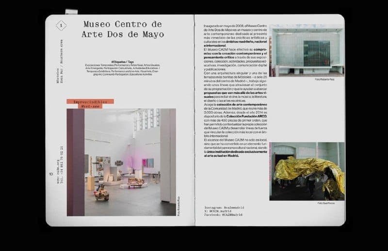 The image shows a two-page spread from a magazine or publication, possibly a brochure or booklet, featuring the title "Museo Centro de Arte Dos de Mayo" in bold, white text. The left page displays a photograph of an art installation in a museum setting, with a text box providing information about the exhibition. The ri