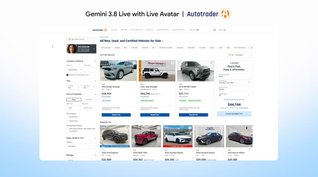 The image shows a Gemini 3.8 Live with Live Avatar auto trading website. The website is designed with a clean, white background and features a navigation bar with icons for different car models, search, and related information. The homepage displays the Gemini logo and the text "All New, Used, and Certified Vehicles fo
