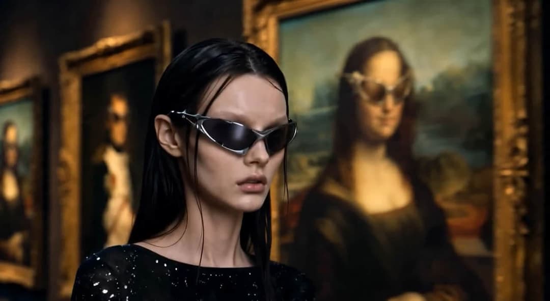 The image shows a young woman standing in front of a large, ornately framed painting of the Mona Lisa. She is wearing a black dress with a sparkly or textured pattern and silver-framed sunglasses. Her gaze is directed downwards, and her expression is neutral. The background is out of focus, drawing attention to the wom