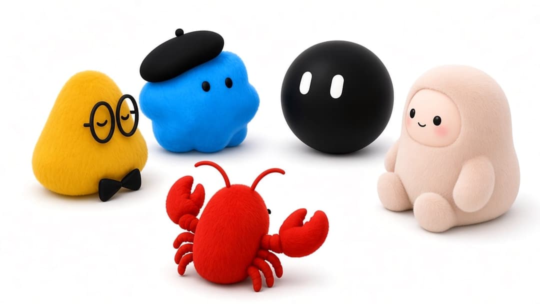 Five fuzzy 3D plush characters on a white background: a yellow triangular one with glasses and a bow tie, a blue one wearing a black beret, a glossy black sphere, a cream-colored smiling character, and a red lobster-like creature. No text, brand, or UI is visible.