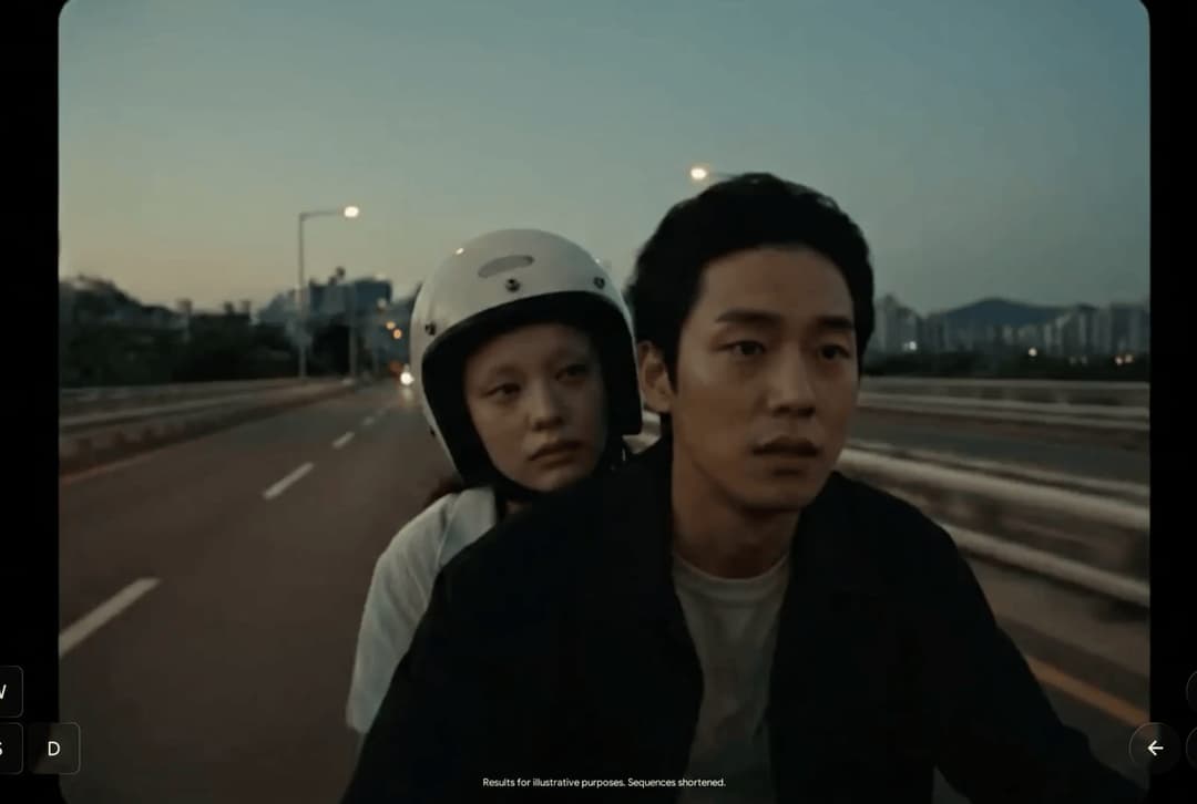 The image shows a man and a young girl riding a motorcycle on a highway. The man is wearing a black jacket and a white helmet, while the girl is wearing a white helmet. The highway stretches out in front of them, with a cityscape visible in the distance. The scene is bathed in the soft glow of streetlights, and the sky