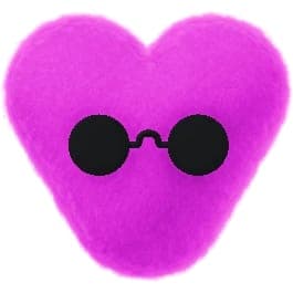 The image presents a vibrant pink heart, outlined in a lighter shade of pink, set against a stark black background. The heart is filled with a soft, plush texture. Centered on the heart is a pair of black, round sunglasses, slightly tilted to the left. The sunglasses have a thin black frame.
