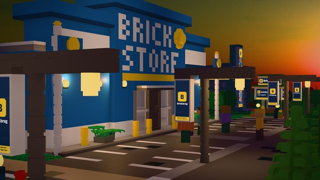 The image depicts a Lego brick store named "Brick Store" situated on a street. The store is painted in a vibrant blue color and features a yellow sign with the word "Brick" prominently displayed. The store has a dark brown awning and a yellow sign with a yellow circle on the front. The street is lined with yellow poles