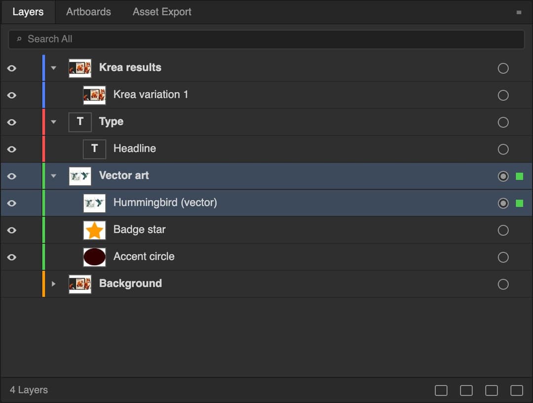 The image shows a screenshot of a video editing software interface. The interface is divided into four main sections: "Layers", "Arbroards", "Asset Export", and "Search All". The "Layers" section contains a list of layers, including "Krea results", "Krea variation 1", "Headline", and "Background". The "Arbroards" secti