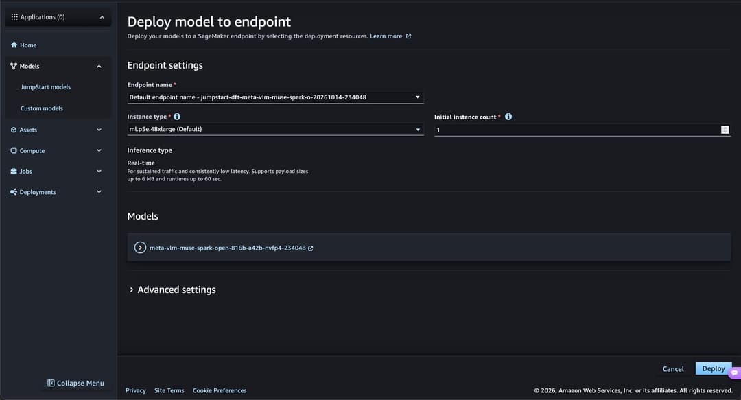 The image shows a webpage displaying a model deployment process for a SageMaker Endpoint. The SageMaker Endpoint is being deployed to an endpoint named "jumpstart-dir-vtm-muse-sarke-20260142408". The deployment is being performed using custom models with the instance type "mlp_48xlarge_delta". The deployment is schedul