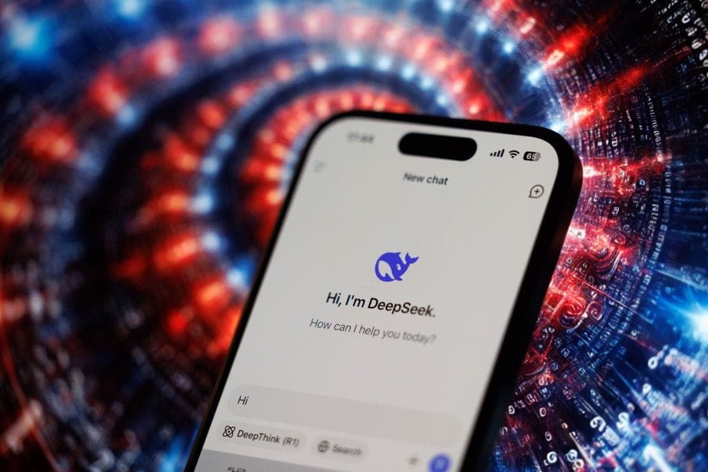 The image shows a smartphone displaying a welcome message from the app "DeepThink". The message, written in blue, reads "Hi, I'm DeepThink. How can I help you today?". The app's logo, a blue whale, is prominently displayed on the screen. The phone is resting on a surface with a blurred background featuring a pattern of