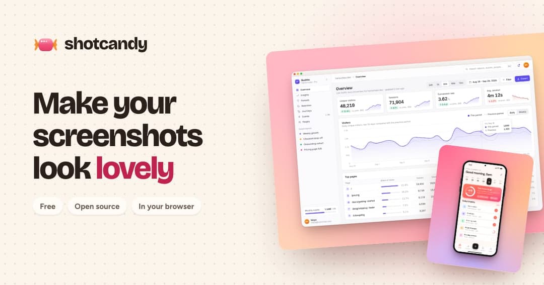 The image showcases the app shotcandy, a screenshot of its homepage. The app's logo, a stylized candy, is prominently displayed in the top left corner. The main headline reads "Make your screenshots look lovely", inviting users to explore the app. The app's interface is primarily white with a pink and purple gradient b