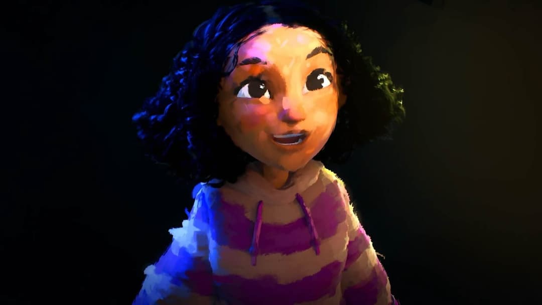 The image depicts a young girl with dark hair and a radiant smile, wearing a striped shirt with pink and beige/tan stripes. The girl's face is painted with a light brown/tan color, and her eyes are a light brown/tan color. The background is a dark, almost black color, which contrasts with the girl's vibrant attire and