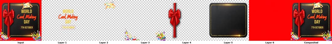 The image presents a vibrant digital illustration of a card-making day themed around World Card Making Day. The illustration is divided into six distinct layers, each with a unique color scheme and design. The top layer features a red background with a black border and a gold ribbon, along with a gold banner that reads